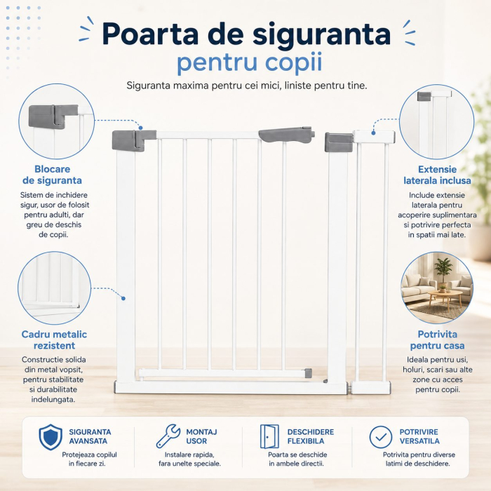 Gard de Siguranta cu Poarta pentru Copii, Flippy, Latime 66 cm, Inaltime 76 cm, Teava din Fier Vopsit, Elemente PP, Alb [4]