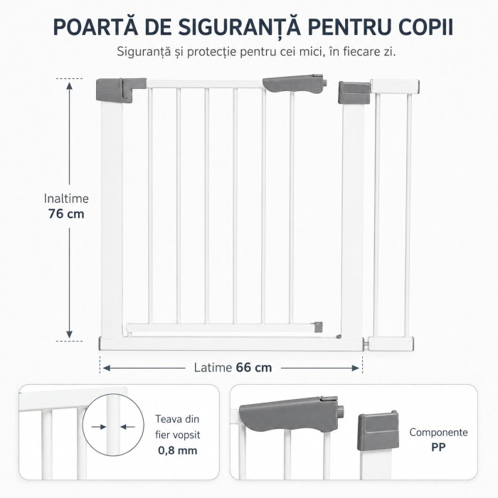 Gard de Siguranta cu Poarta pentru Copii, Flippy, Latime 66 cm, Inaltime 76 cm, Teava din Fier Vopsit, Elemente PP, Alb [5]