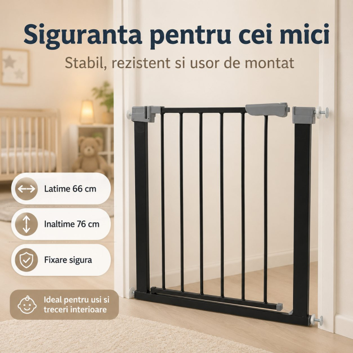 Gard de Siguranta cu Poarta pentru Copii, Flippy, Latime 66 cm, Inaltime 76 cm, Teava din Fier Vopsit, Elemente PP, Negru [4]