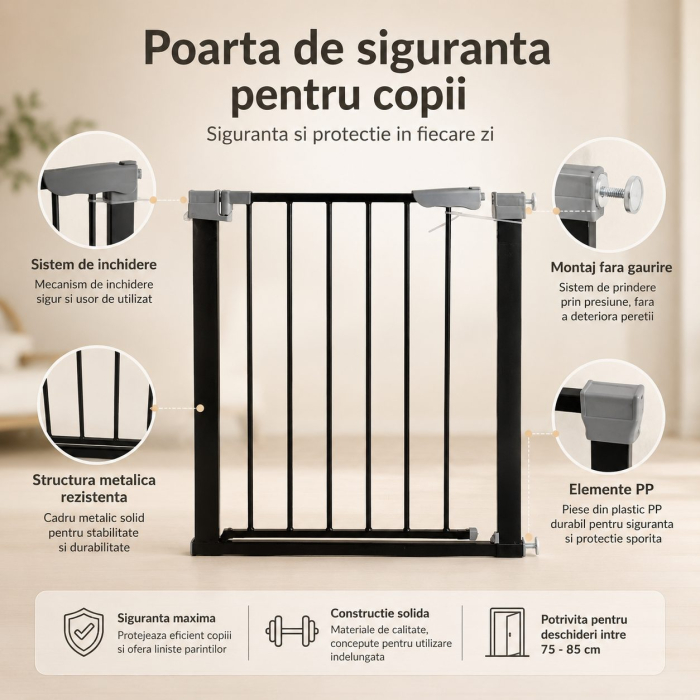 Gard de Siguranta cu Poarta pentru Copii, Flippy, Latime 66 cm, Inaltime 76 cm, Teava din Fier Vopsit, Elemente PP, Negru [2]