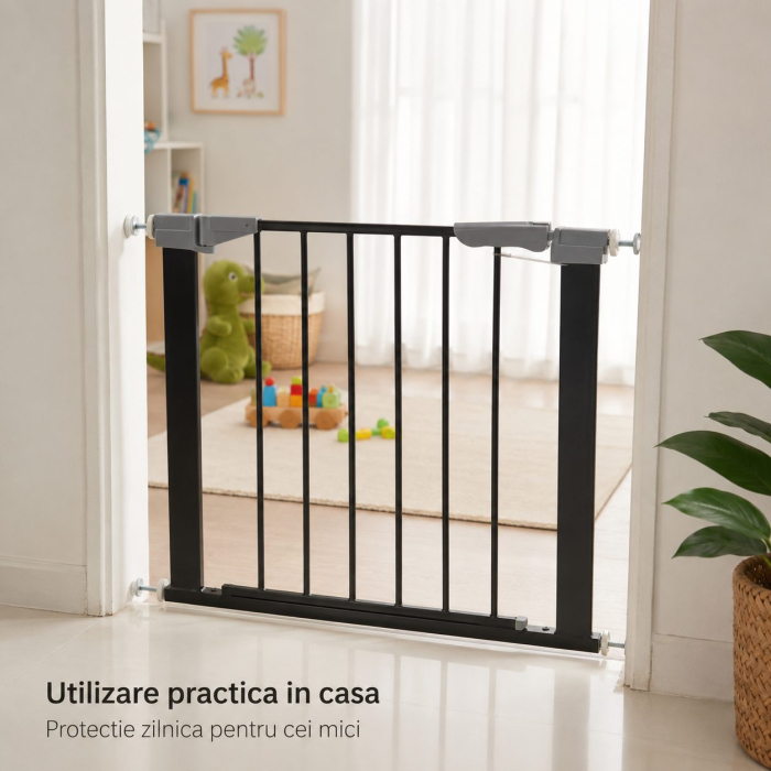Gard de Siguranta cu Poarta pentru Copii, Flippy, Latime 66 cm, Inaltime 76 cm, Teava din Fier Vopsit, Elemente PP, Negru [3]