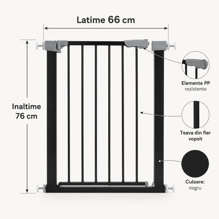Gard de Siguranta cu Poarta pentru Copii, Flippy, Latime 66 cm, Inaltime 76 cm, Teava din Fier Vopsit, Elemente PP, Negru [5]
