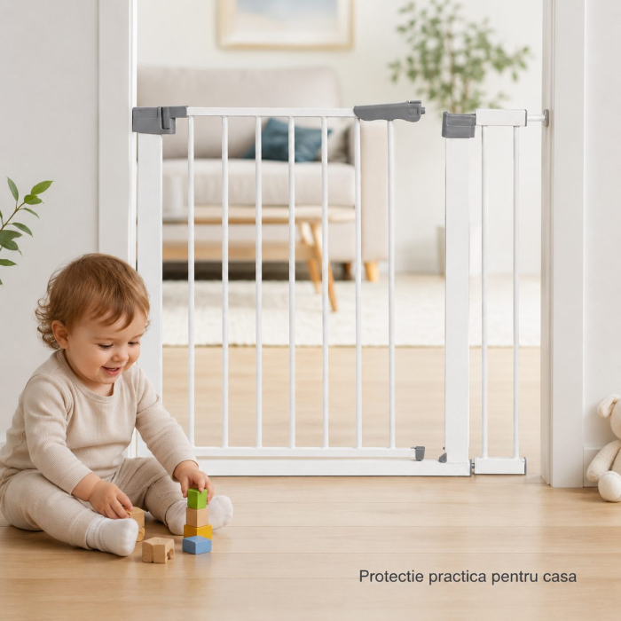 Gard de Siguranta cu Poarta pentru Copii, Flippy, Latime 72 cm, Inaltime 76 cm, Teava din Fier Vopsit, Elemente PP, Alb [2]