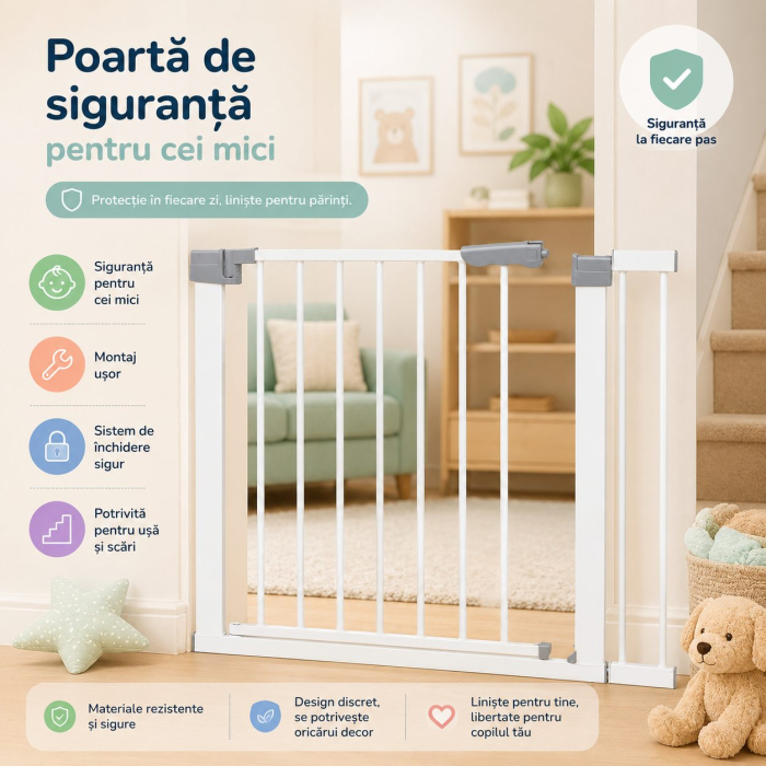 Gard de Siguranta cu Poarta pentru Copii, Flippy, Latime 72 cm, Inaltime 76 cm, Teava din Fier Vopsit, Elemente PP, Alb [5]