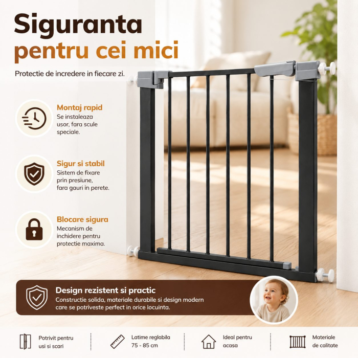 Gard de Siguranta cu Poarta pentru Copii, Flippy, Latime 72 cm, Inaltime 76 cm, Teava din Fier Vopsit, Elemente PP, Negru [3]