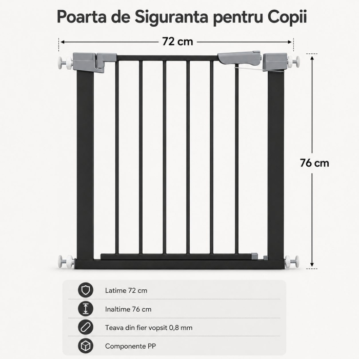 Gard de Siguranta cu Poarta pentru Copii, Flippy, Latime 72 cm, Inaltime 76 cm, Teava din Fier Vopsit, Elemente PP, Negru [2]