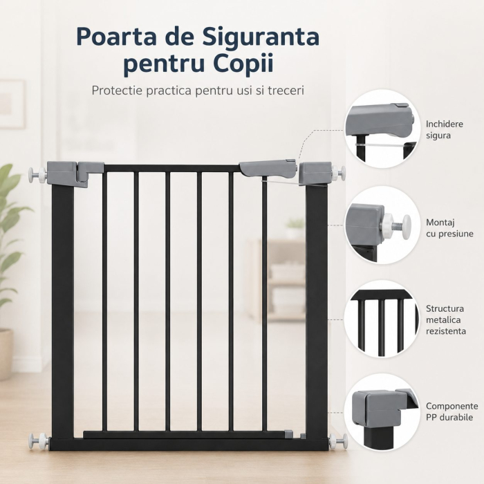 Gard de Siguranta cu Poarta pentru Copii, Flippy, Latime 72 cm, Inaltime 76 cm, Teava din Fier Vopsit, Elemente PP, Negru [4]
