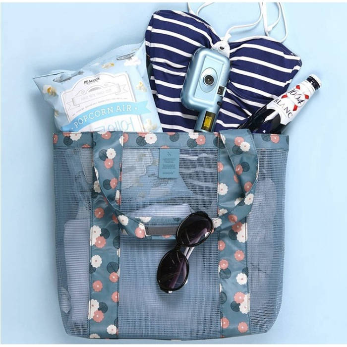 Geanta de Plaja, Flippy, din Plasa Transparenta, Imprimeu Floral, 43 x 10 x 33 cm, Model pentru Umar, Lungime Inferioara 33 cm, Albastru [8]