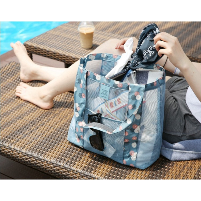 Geanta de Plaja, Flippy, din Plasa Transparenta, Imprimeu Floral, 43 x 10 x 33 cm, Model pentru Umar, Lungime Inferioara 33 cm, Albastru [6]