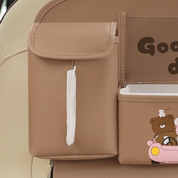 Geanta Multifunctionala de Depozitare, Flippy, pentru Bancheta din Spate a Masinii, Animat, Model Ursuleti, Scris Good Day, Suport Servetele si Telefon, 25x31 cm, Maro [7]