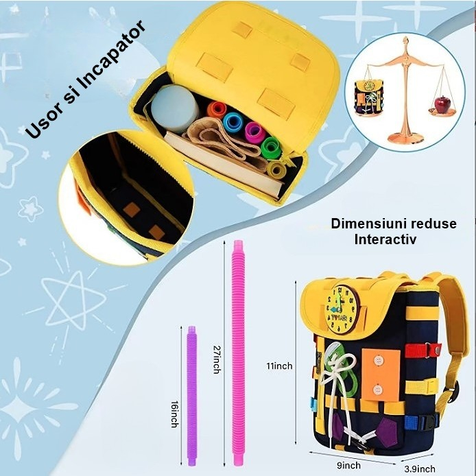 Ghiozdan Montessori, Flippy, pentru Copii 2-6 ani, Fidget Pop, cu Catarame si Fermoare, Jucarii Senzoriale, Activitate de Invatare prin Joc, Albastru Marin, 0.25 kg, 28x10x23 cm [3]