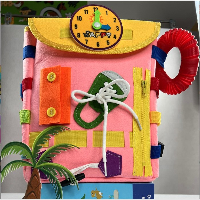 Ghiozdan Montessori, Flippy, pentru Copii 2-6 ani, Fidget Pop, cu Catarame si Fermoare, Jucarii Senzoriale, Activitate de Invatare prin Joc, Roz, 0.25 kg, 28x10x23 cm [5]