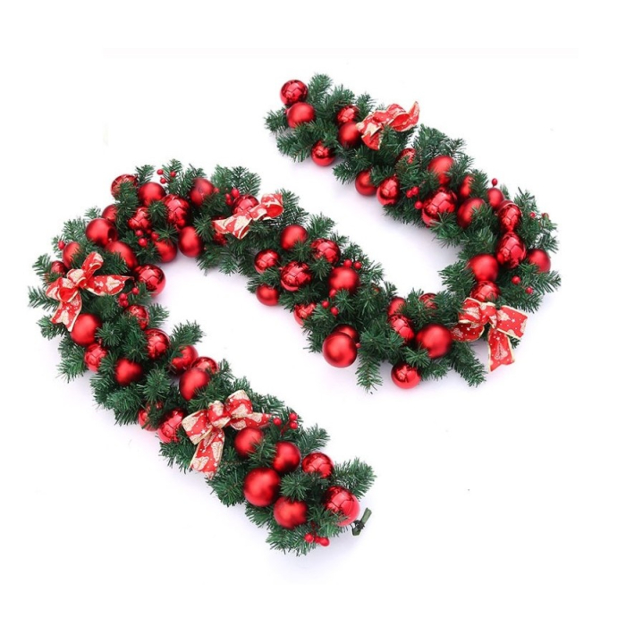 Ghirlanda decorativa Craciun cu Globuri rosii si funde rosii cu argintiu, Flippy, 2,70 m, Verde [2]