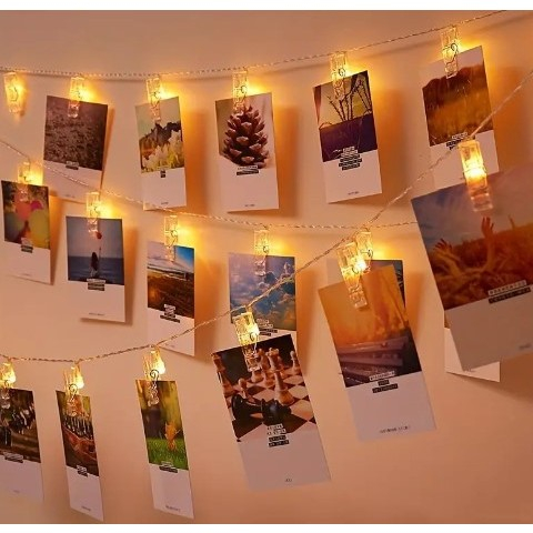 Ghirlanda Luminoasa cu 10 Clipsuri pentru Poze, Flippy, 1.5 m, cu Baterii si Telecomanda, 8 Programe, Fir Argintiu, Alb Cald [6]