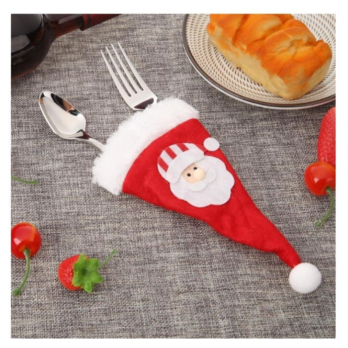 Husa decorativa festiva pentru 3 tacamuri Flippy, model caciulita cu Mos Craciun, material textil si poliester, 19 x 10 cm, rosu [2]