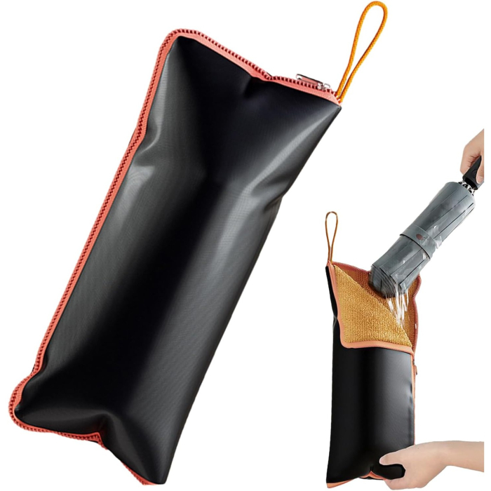 Husa Depozitare Umbrela , Impermeabila, Interior Microfibra, cu Fermoar, 28 x 12 cm, Negru/Portocaliu [7]