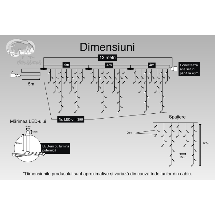 Instalatie Craciun, 12 m, 396 Led-uri ,Franjuri, Alb cald, Flash, Transformator cu telecomanda, Interconectabila, Prelungitor 5 m inclus, Fir Transparent, Flippy [3]