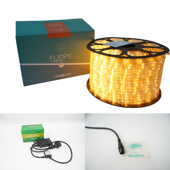 Instalatie Craciun, 16 m, 384 Led-uri ,Furtun Luminos, Alb cald, 8 jocuri de lumini, Transformator, Sectionabila, 220 V, Flippy [16]