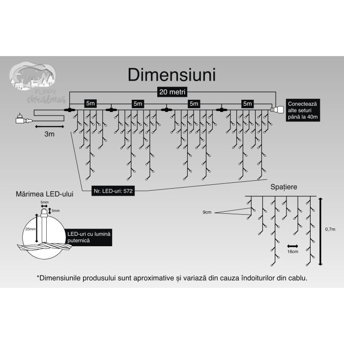Instalatie Craciun, 20 m, 572 Led-uri ,Franjuri, Albastru, Flash, Transformator cu telecomanda, Interconectabila, Prelungitor 3 m inclus, Fir Alb, Flippy [3]