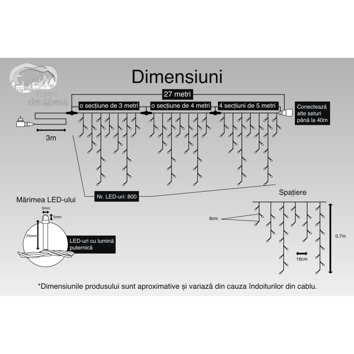 Instalatie Craciun, 27 m, 800 Led-uri ,Franjuri, Alb rece, Flash, Transformator cu telecomanda, Interconectabila, Prelungitor 3 m inclus, Fir Negru, Flippy [3]
