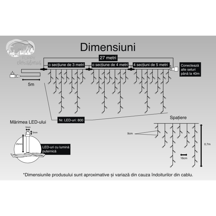 Instalatie Craciun, 27 m, 800 Led-uri ,Franjuri, Alb rece, Flash, Transformator, Interconectabila, Prelungitor 5 m inclus, Fir Negru, Flippy [3]