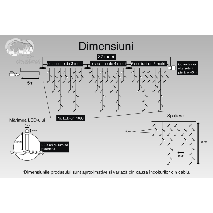 Instalatie Craciun, 37 m, 1086 Led-uri ,Franjuri, Alb cald, Flash, Transformator cu telecomanda, Interconectabila, Prelungitor 5 m inclus, Fir Transparent, Flippy [3]