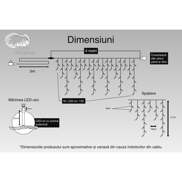 Instalatie Craciun, 4 m, 132 Led-uri ,Franjuri, Alb cald, 8 jocuri de lumini, Transformator cu telecomanda, Interconectabila, Prelungitor 5 m inclus, Fir Negru, Flippy [3]