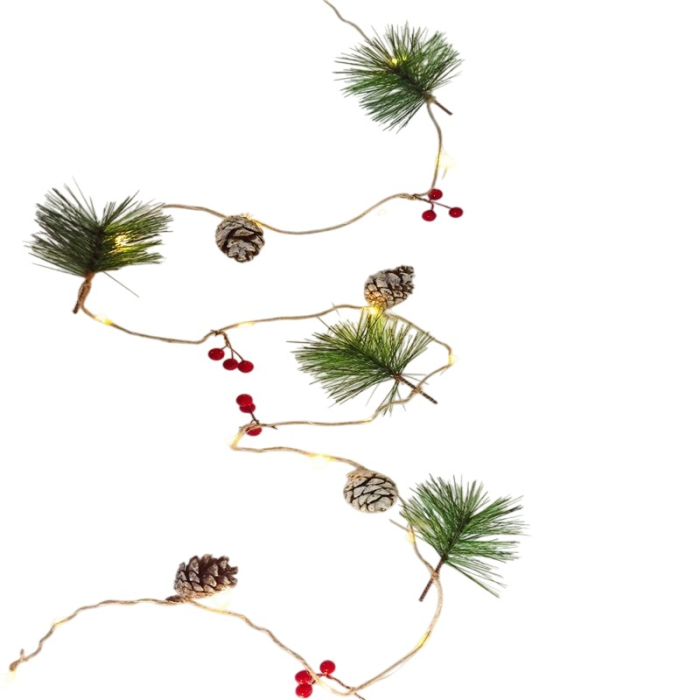 Instalatie Craciun cu baterii, 2 metri, 20 LED-uri tip ace si conuri de pin simple, Alb Cald, Flippy [7]