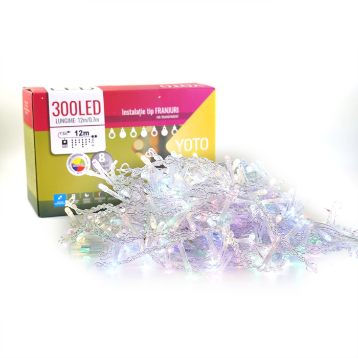 Instalatie Craciun Yoto, Tip Franjuri/Turturi, 12 m, 300 LED-uri, Prelungitor 1.5 m, 8 Jocuri de Lumini, Interconectabila, Conectare la Retea, Fir transparent, Interior/Exterior, Multicolor [7]