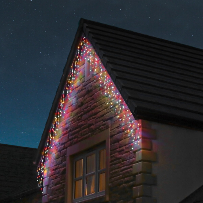 Instalatie Craciun Yoto, Tip Franjuri/Turturi, 4 m, 120 LED-uri, Prelungitor 1.5 m, 8 Jocuri de Lumini, Interconectabila, Conectare la Retea, Fir transparent, Interior/Exterior, Multicolor [7]