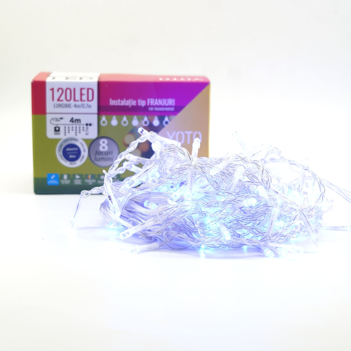 Instalatie Craciun Yoto, Tip Franjuri/Turturi, 4 m, 120 LED-uri, Prelungitor 1.5 m, 8 Jocuri de Lumini, Interconectabila, Conectare la Retea, Fir transparent, Interior/Exterior, Albastru [7]