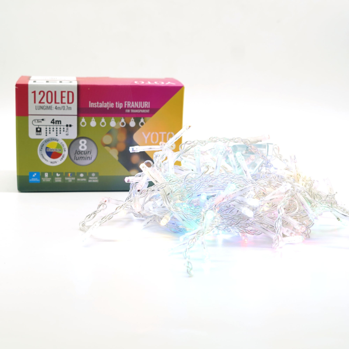Instalatie Craciun Yoto, Tip Franjuri/Turturi, 4 m, 120 LED-uri, Prelungitor 1.5 m, 8 Jocuri de Lumini, Interconectabila, Conectare la Retea, Fir transparent, Interior/Exterior, Multicolor [8]