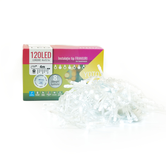 Instalatie Craciun Yoto, Tip Franjuri/Turturi, 4 m, 120 LED-uri, Prelungitor 1.5 m, 8 Jocuri de Lumini, Interconectabila, Conectare la Retea, Fir transparent, Interior/Exterior, Alb Rece [8]