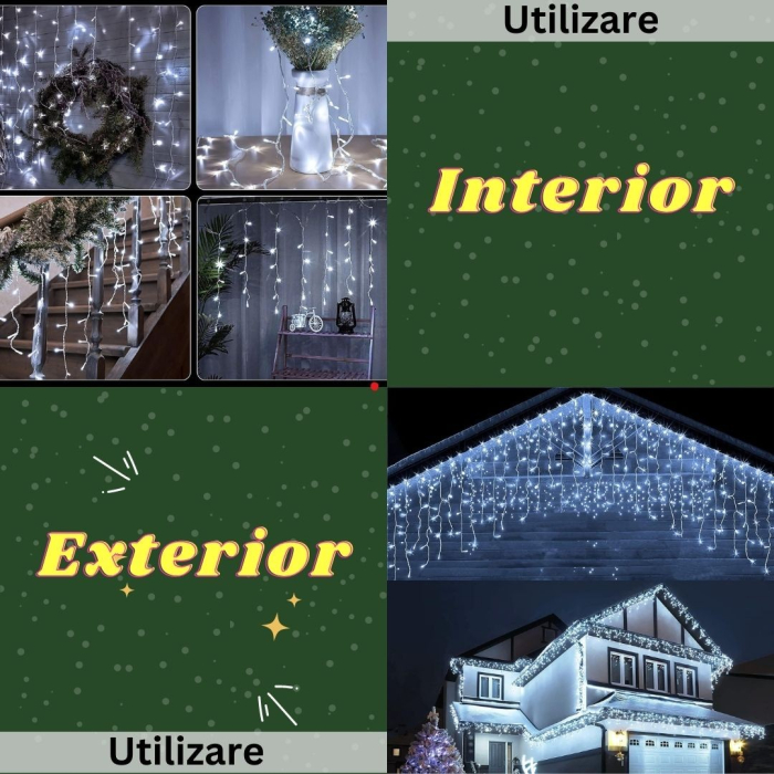 Instalatie Craciun Yoto, Tip Franjuri/Turturi, 7 m, 200 LED-uri, Prelungitor 1.5 m, 8 Jocuri de Lumini, Interconectabila, Conectare la Retea, Fir transparent, Interior/Exterior, Alb Rece [3]