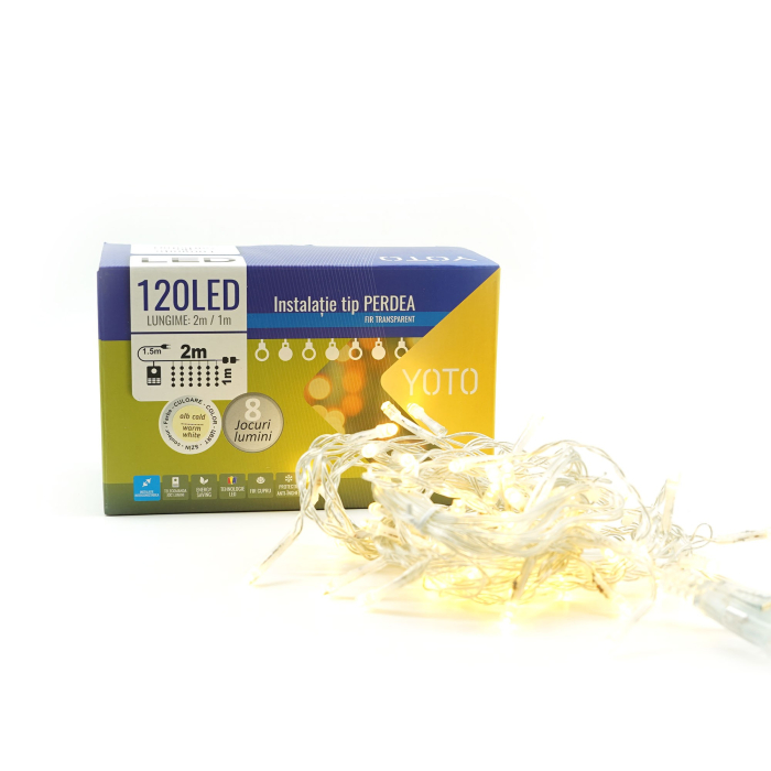 Instalatie Craciun Yoto, Tip Perdea, 2 m x 1 m, 120 LED-uri, Prelungitor 1.5 m, 8 Jocuri de Lumini, Interconectabila, Fir transparent, Interior/Exterior, Alb Cald [7]