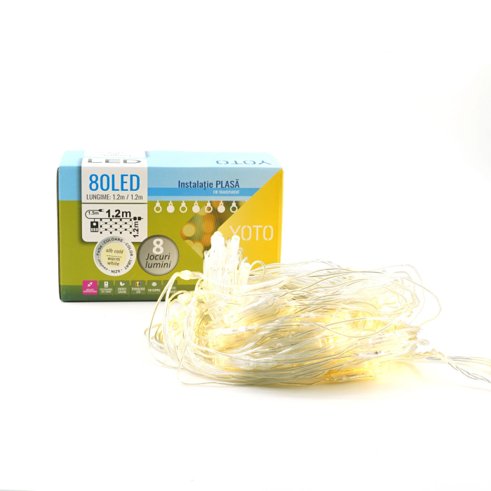 Instalatie Craciun Yoto, Tip Plasa, 1.2 m x 1.2 m, 80 LED-uri, Prelungitor 1.5 m, 8 Jocuri de Lumini, Interconectabila, Fir transparent, Interior/Exterior, Alb Cald [6]