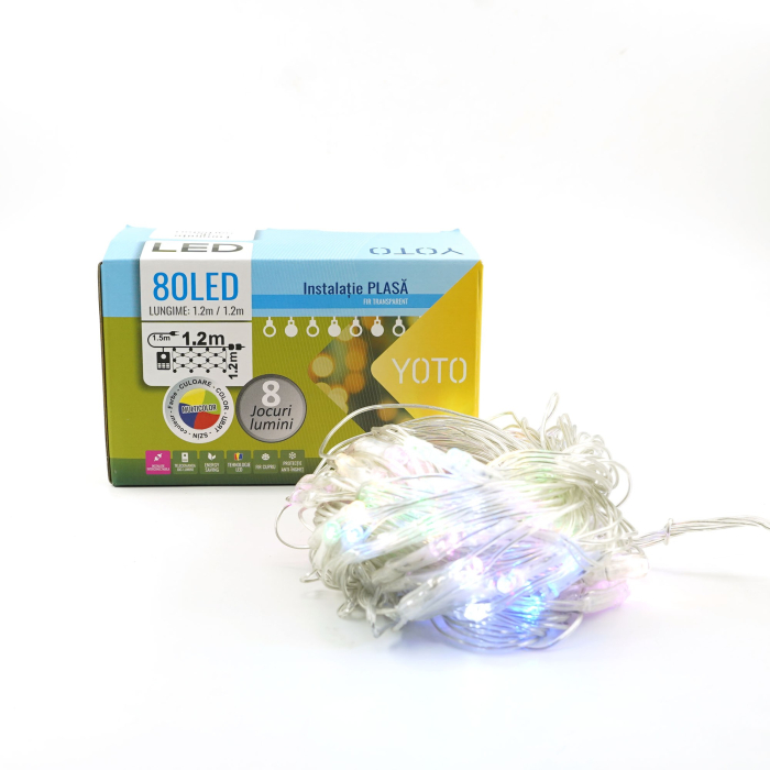 Instalatie Craciun Yoto, Tip Plasa, 1.2 m x 1.2 m, 80 LED-uri, Prelungitor 1.5 m, 8 Jocuri de Lumini, Interconectabila, Fir transparent, Interior/Exterior, Multicolor [7]