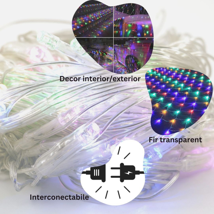 Instalatie Craciun Yoto, Tip Plasa, 1.2 m x 1.2 m, 80 LED-uri, Prelungitor 1.5 m, 8 Jocuri de Lumini, Interconectabila, Fir transparent, Interior/Exterior, Multicolor [3]
