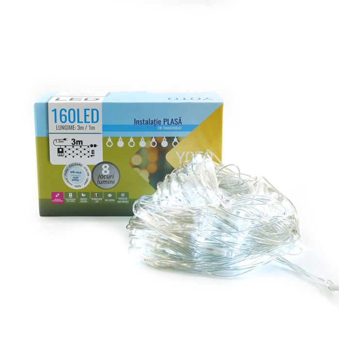 Instalatie Craciun Yoto, Tip Plasa, 3 m x 1 m, 160 LED-uri, Prelungitor 1.5 m, 8 Jocuri de Lumini, Interconectabila, Fir transparent, Interior/Exterior, Alb Rece [8]