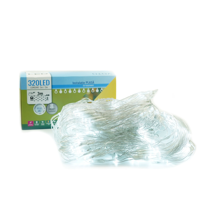 Instalatie Craciun Yoto, Tip Plasa, 3 m x 3 m, 320 LED-uri, Prelungitor 1.5 m, 8 Jocuri de Lumini, Interconectabila, Fir transparent, Interior/Exterior, Alb Rece [8]