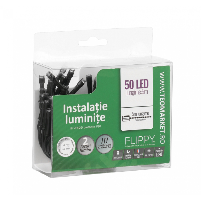 Instalatie de Craciun cu Baterii Tip Liniar, 2 jocuri de lumini, Fir Verde 5 m 50 LED -uri, Alb Rece [4]