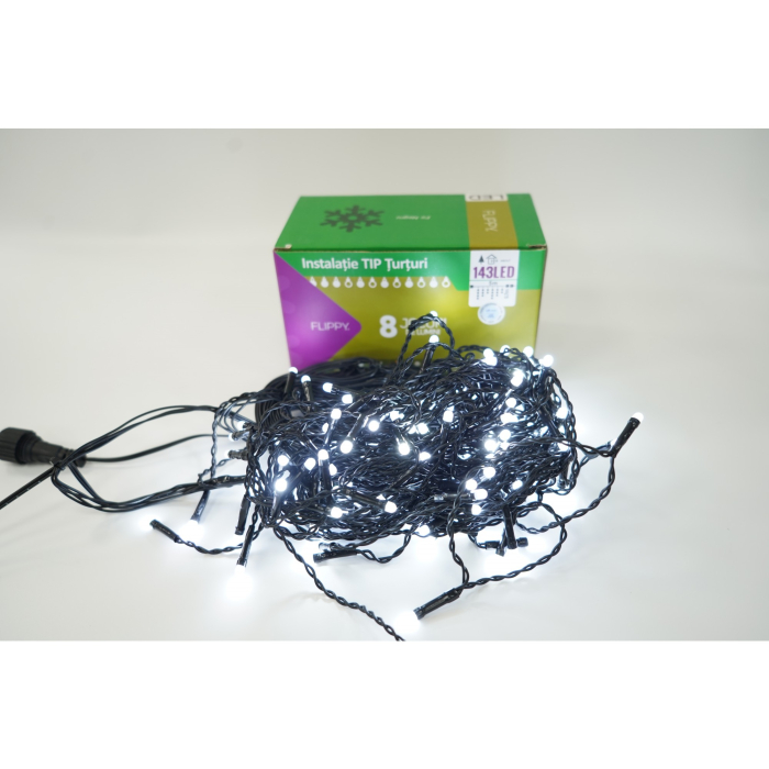 Instalatie de Craciun Flippy® Tip Franjuri, 8 jocuri de lumini, Sectiune 5 m, 143 LED-uri, Interconectabila, Fir Negru, Alb Rece [1]