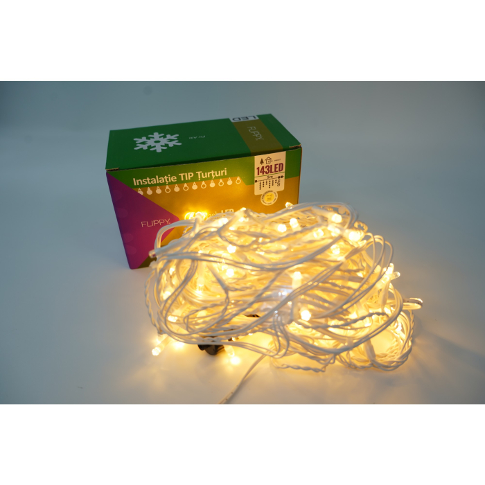 Instalatie de Craciun Flippy® Tip Franjuri cu Flash, Sectiune 5 m, 143 LED-uri, Interconectabila, Fir Alb, Alb Cald [2]