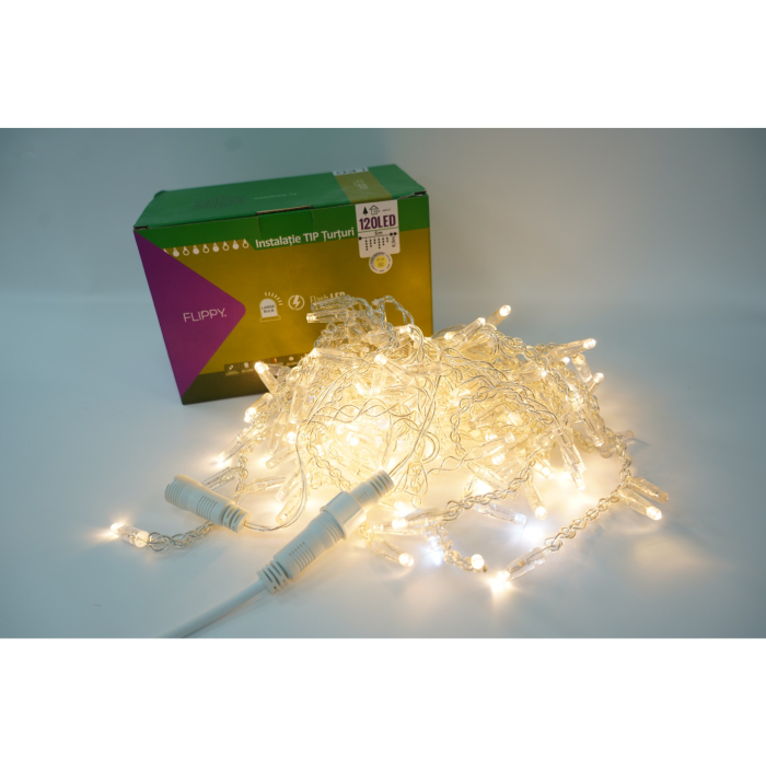 Instalatie de Craciun Flippy® Tip Turturi, Franjuri cu Flash, IP65, Sectiune 5 m, 120 LED-uri, Interconectabila, Fir Transparent, Alb Cald, Interior/Exterior [1]