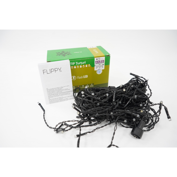Instalatie de Craciun Flippy® Tip Turturi, Franjuri cu Flash, Sectiune 4 m, 132 LED-uri, Interconectabila, Fir Negru, Alb Rece [2]