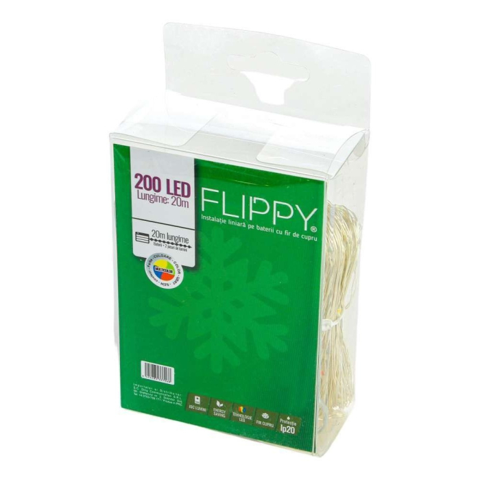 Instalatie de Craciun, Liniara, 20 m, Baterii, 200 LED-uri, Multicolor, 2 Jocuri de Lumini, Fir Cupru, Interior/Exterior, Flippy [5]