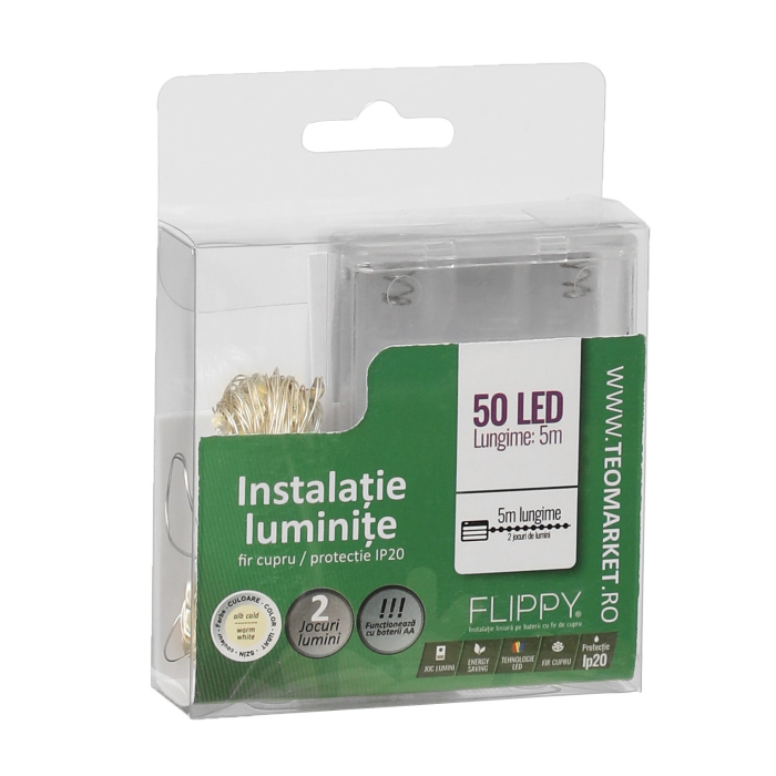 Instalatie de Craciun, Liniara, 5 m, Baterii, 50 LED-uri, Alb Cald, Fir Cupru, 2 Jocuri de Lumini, Interior/Exterior, Flippy [14]