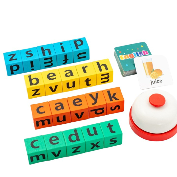 Joc cu Blocuri din Lemn, Flippy, Formare Cuvinte, Cartonase cu Obiecte si Animale, Clopotel, Joc pentru 4 Persoane, 3 Ani+, 28x15.5x5 cm, Multicolor [1]