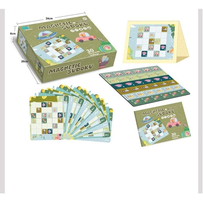 Joc educativ Sudoku cu tablita magnetica, 53 de piese, cartonase cu trafic, Verde [6]