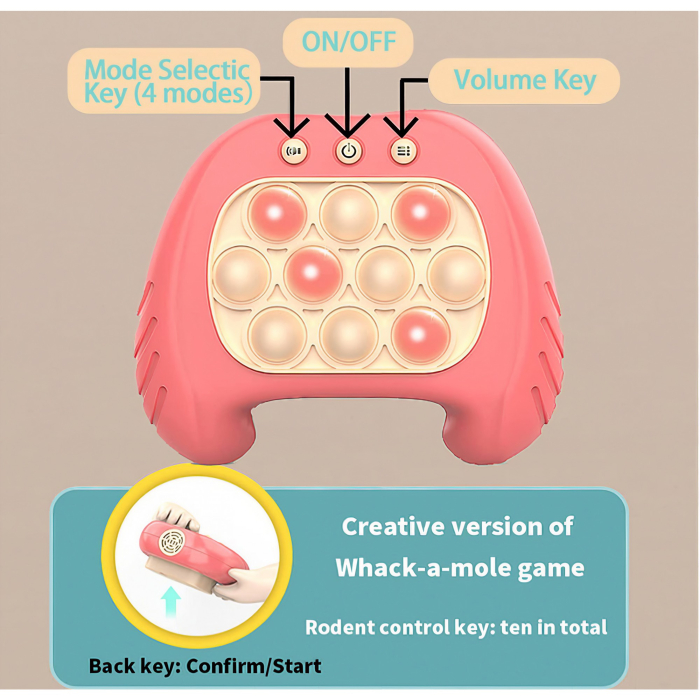 Joc Pop It, Flippy, consola, joc interactiv, antistres, cu baterii, Abs si silicon, Roz, 12 x 10 x 5.8 cm [2]